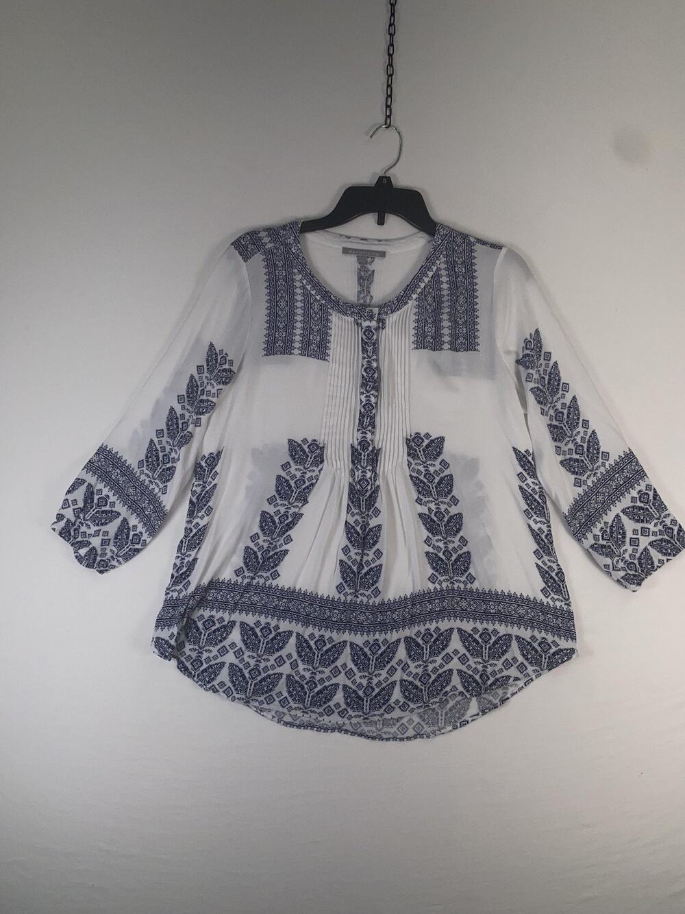 Daniel Rainn Blouse Womens Large White Blue Floral 3/4 Sleeve Tunic Top Boho - Picture 1 of 6